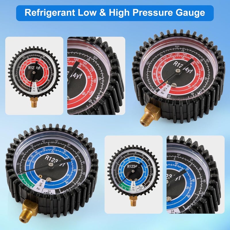 Tigbear R1234YF Refrigeration Pressure Gauge, High and Low Manifold Gauge Kit with 1/8" Male NPT Lower Mount, 500 PSI, 80mm R1234YF Air Conditioning Refrigerant Recharge Pressure Gauge - Image 5